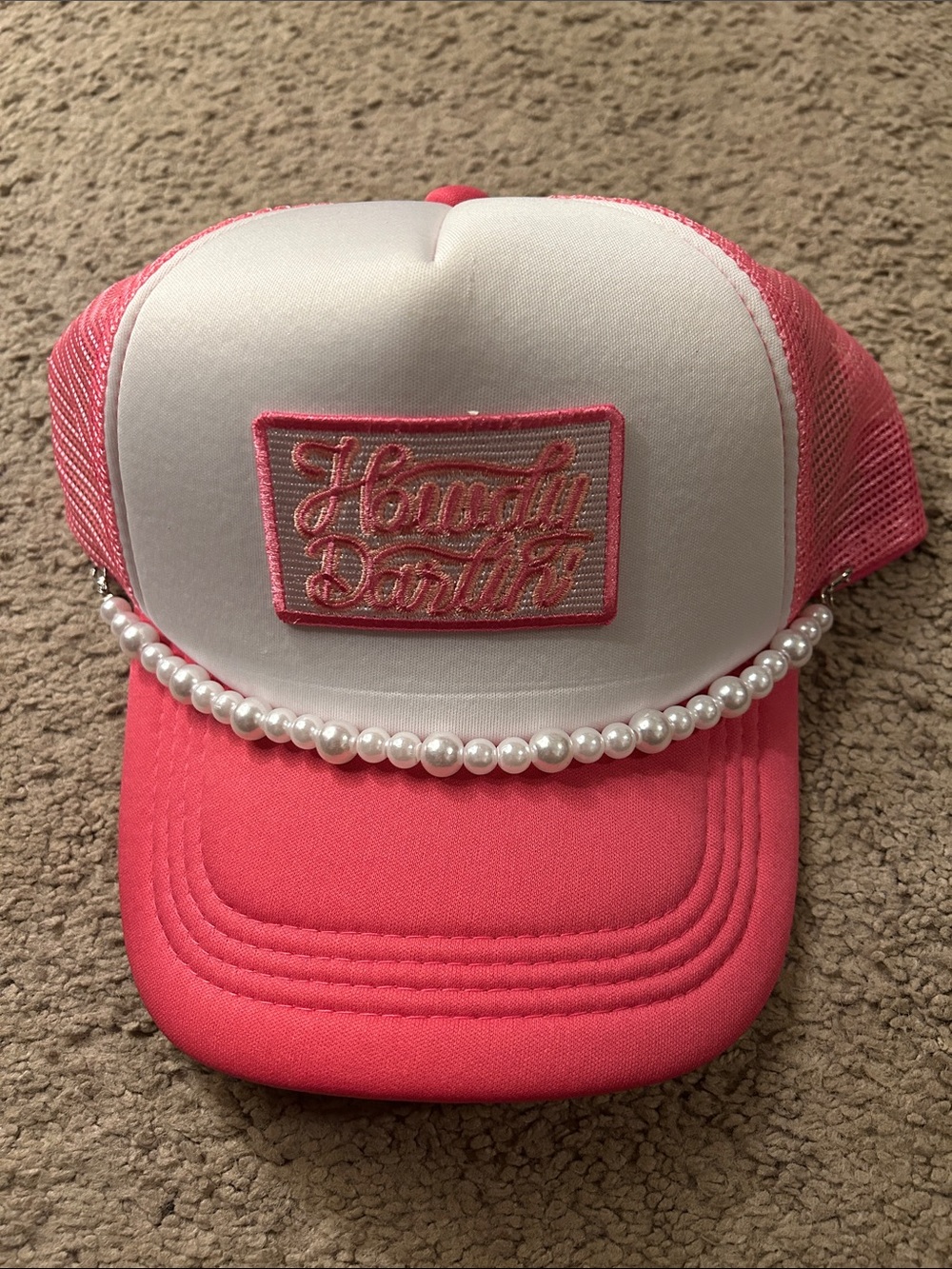 Howdy Darlin' Pink & White Pearl Accent Trucker Hat